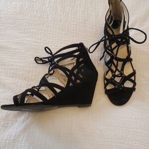 Black Lace-Up Wedge Sandals